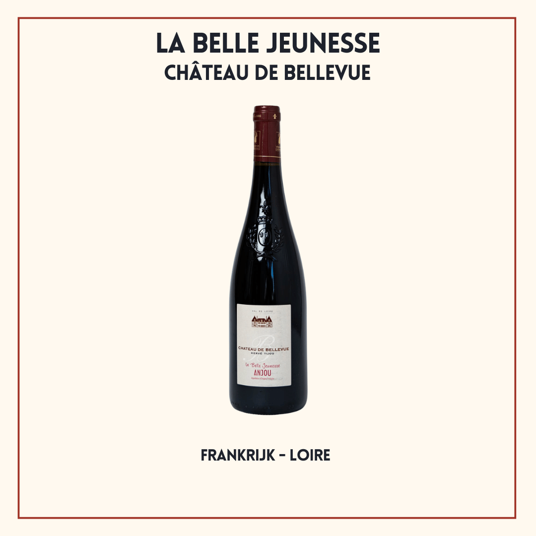 Fles Anjou Rouge La Belle Jeunesse van Château de Bellevue, soepele rode Cabernet Franc uit de Loire, Frankrijk