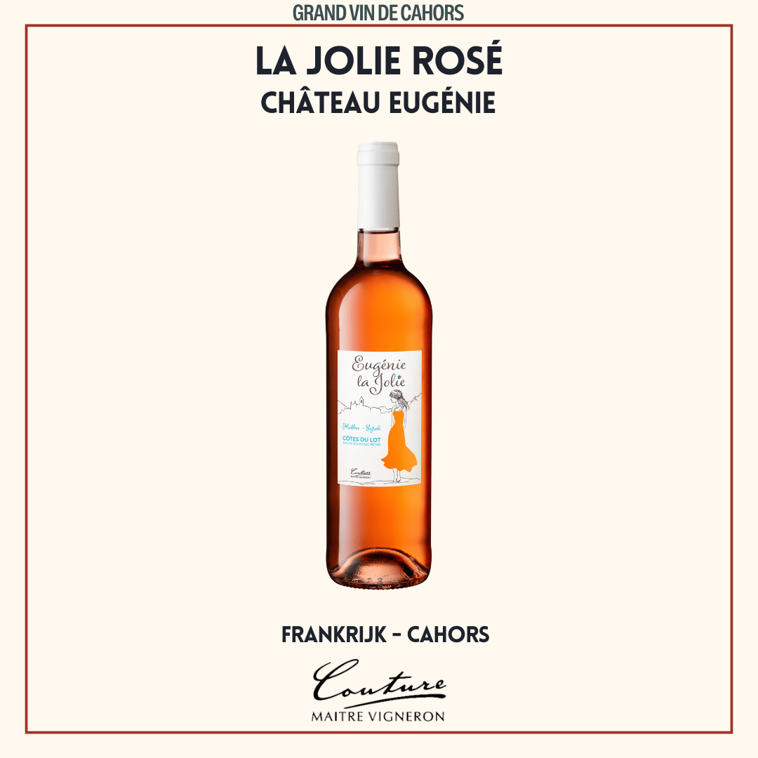 Fles Eugénie La Jolie Rosé van Château Eugénie, frisse fruitige rosé uit de Cahors, Frankrijk