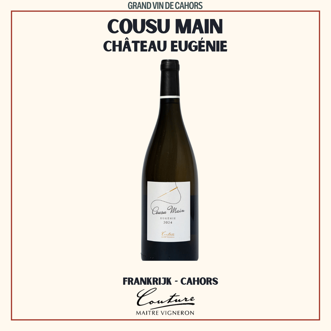Fles Eugénie Cousu Main van Château Eugénie, op vat gerijpte droge witte Chardonnay-Viognier uit de Cahors, Frankrijk