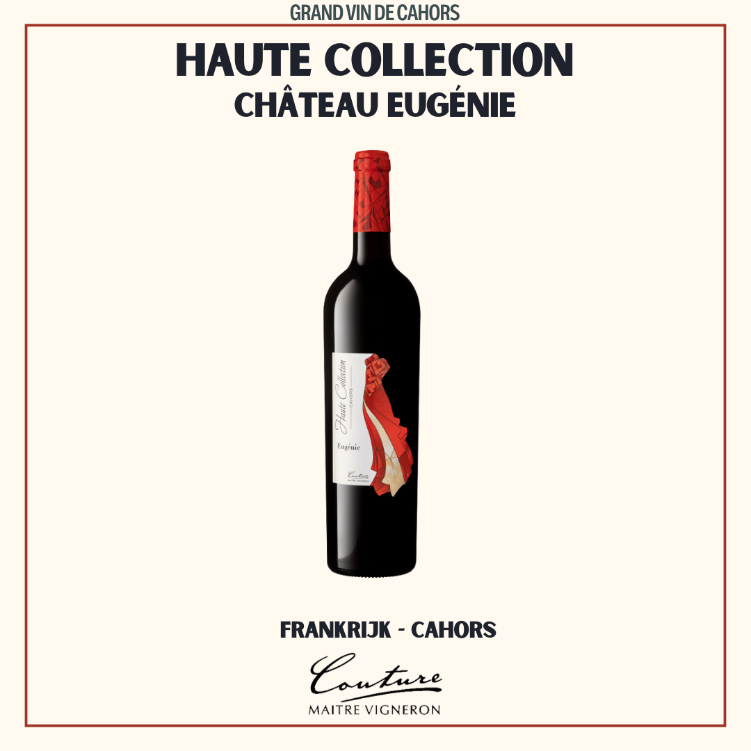 Fles Haute Collection van Château Eugénie, fluwelen rode 100% Malbec topcuvée uit de Cahors, Frankrijk