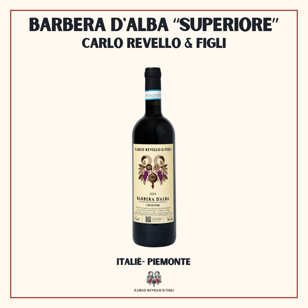 Fles Barbera d'Alba Superiore van Carlo Revello & Figli, rijke rode Piemonte uit La Morra, Italië