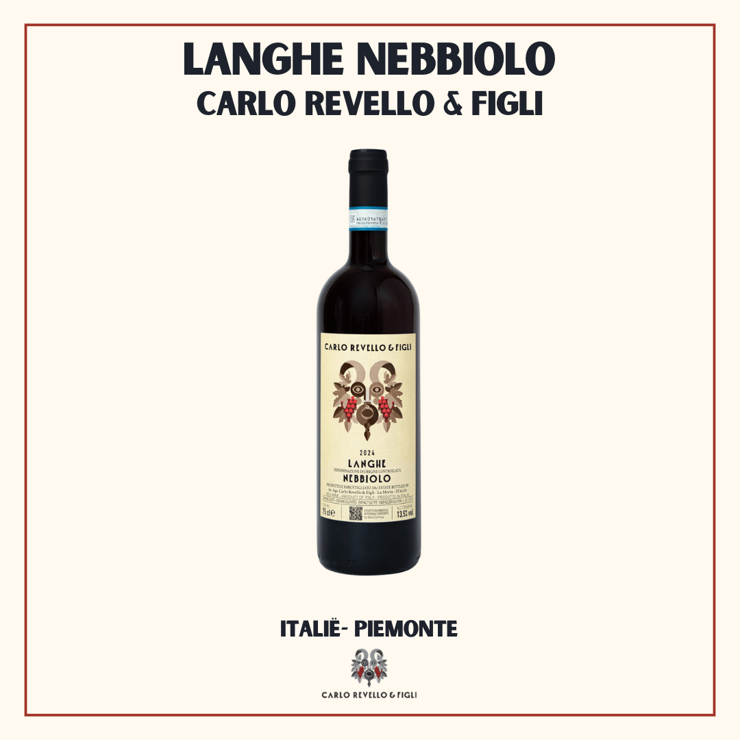 Fles Langhe Nebbiolo van Carlo Revello & Figli, elegante rode Piemonte van de Nebbiolo-druif uit La Morra, Italië