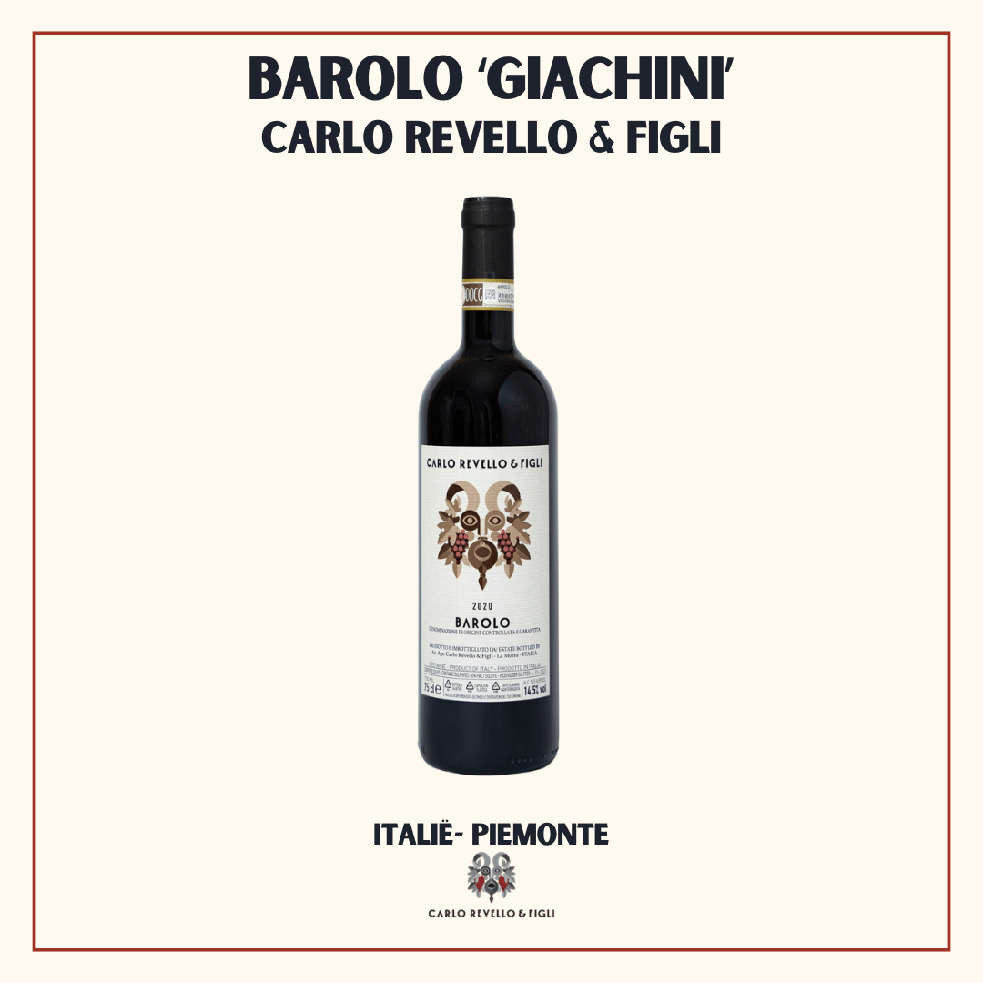 Fles Barolo Giachini van Carlo Revello & Figli, verfijnde single-vineyard Barolo van 100% Nebbiolo uit La Morra, Italië