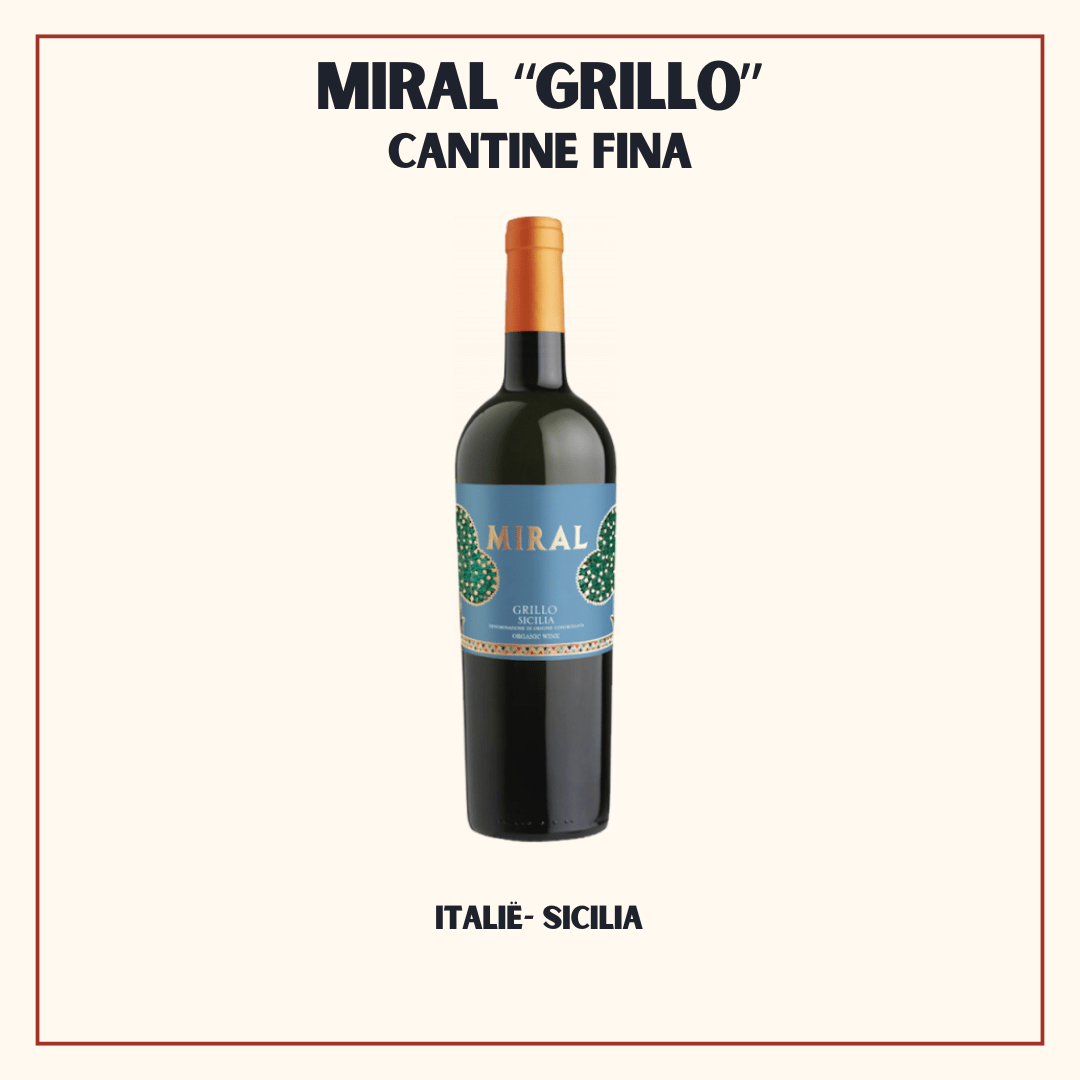 Fles Miral Grillo van Cantine Fina, frisse minerale biologische witte Grillo uit Sicilië (Marsala), Italië