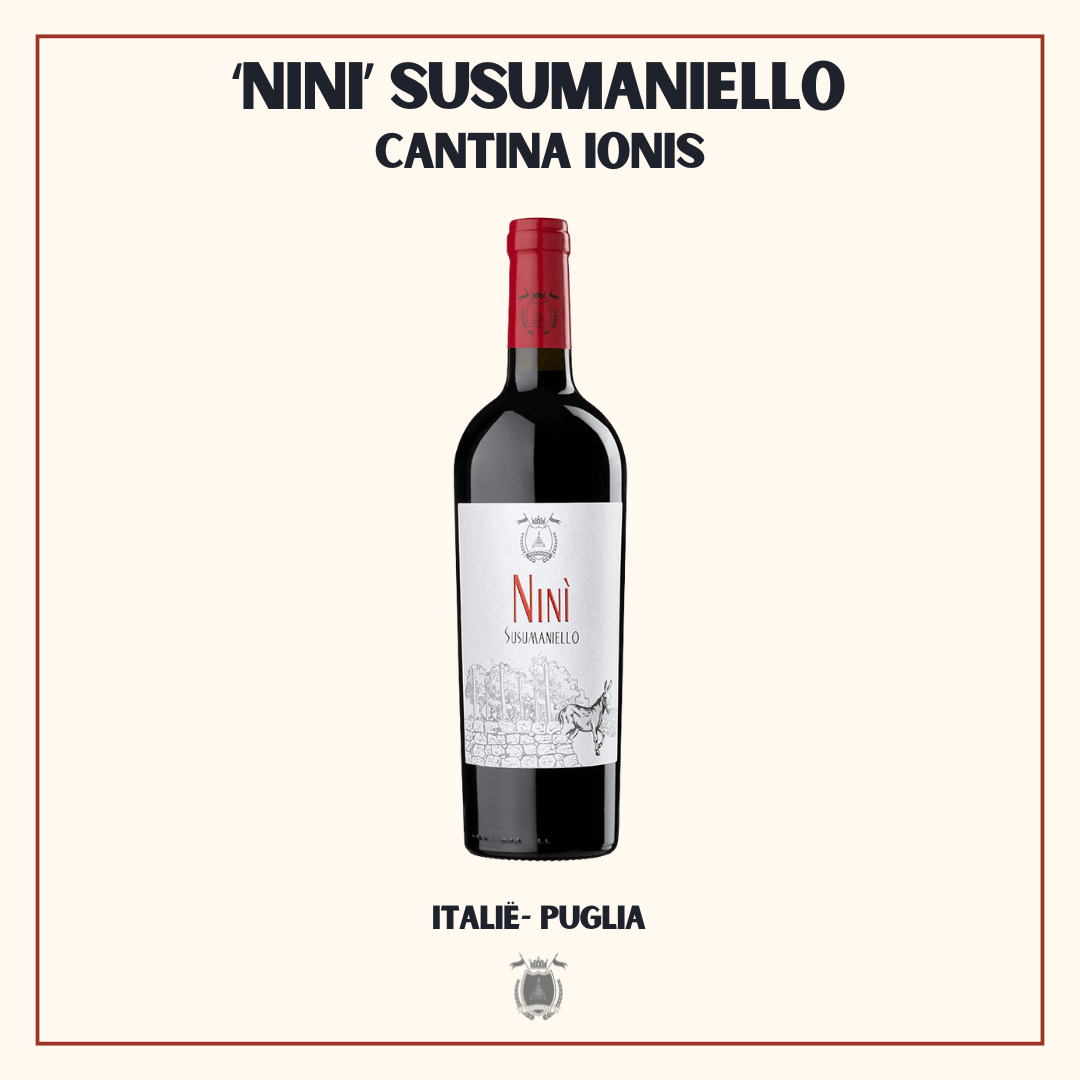 Fles Ninì Susumaniello van Cantine Ionis, warme gulle rode Puglia van de inheemse Susumaniello-druif uit het Salento, Italië