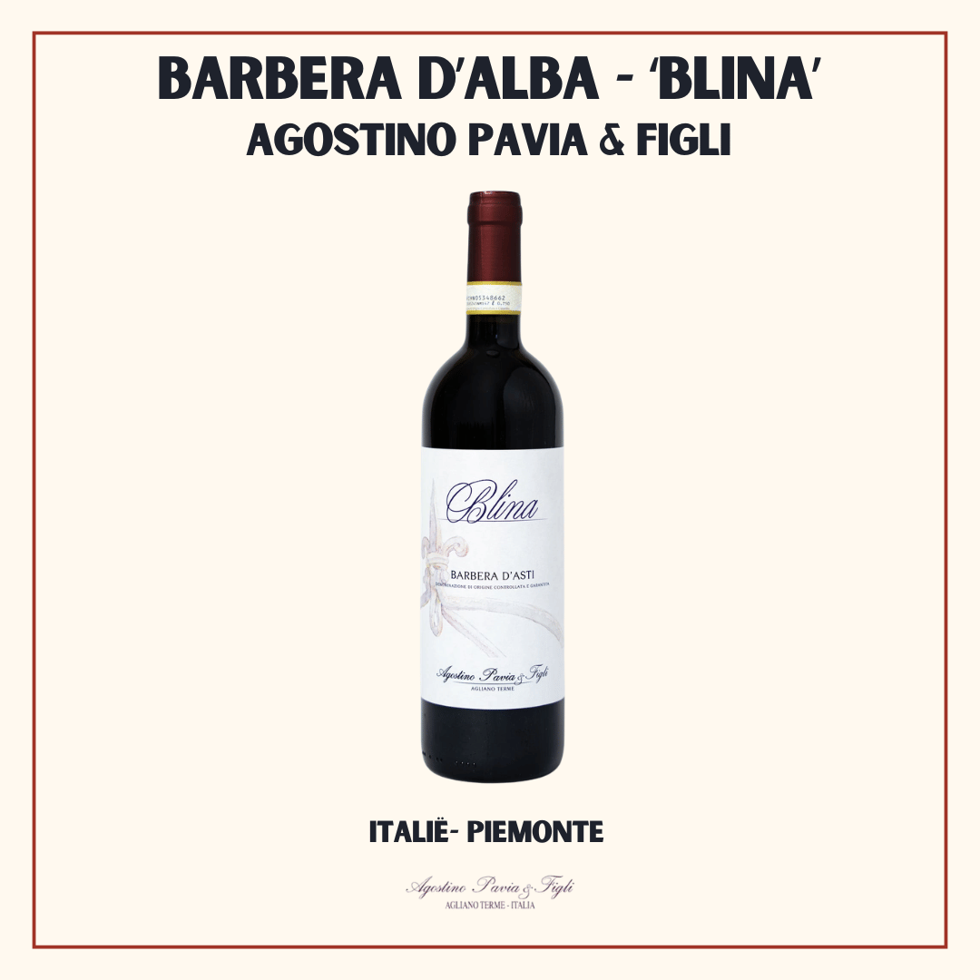 Fles Barbera d'Asti Blina van Agostino Pavia & Figli, sappige fruitige rode Piemonte uit Agliano Terme, Italië
