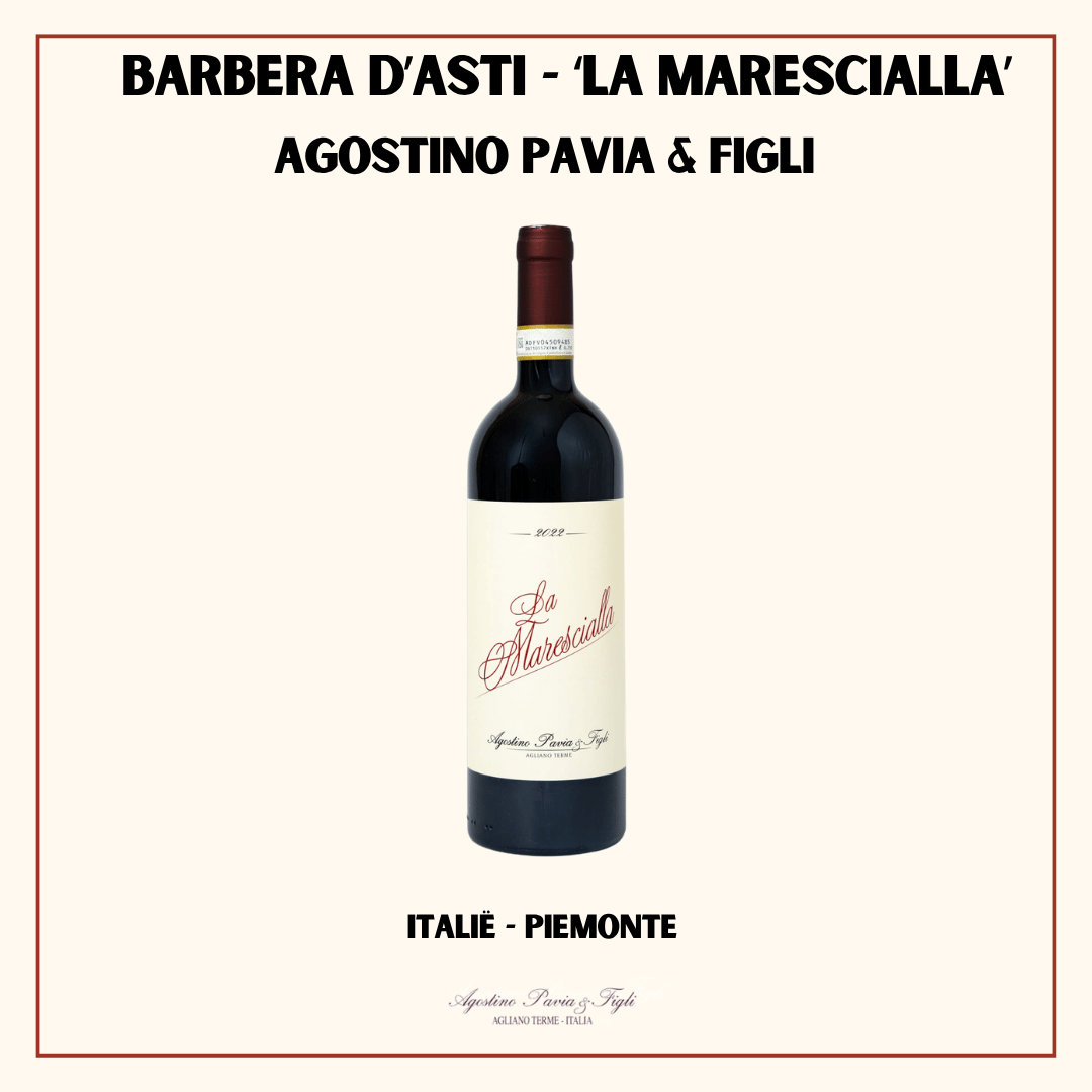 Fles Barbera d'Asti Superiore La Marescialla van Agostino Pavia & Figli, krachtige op eik gerijpte rode Piemonte uit Agliano Terme, Italië
