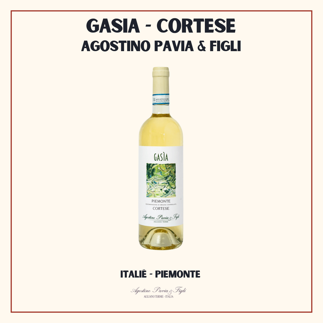Fles Gasìa van Agostino Pavia & Figli, frisse minerale witte Piemonte van 100% Cortese uit Agliano Terme, Italië
