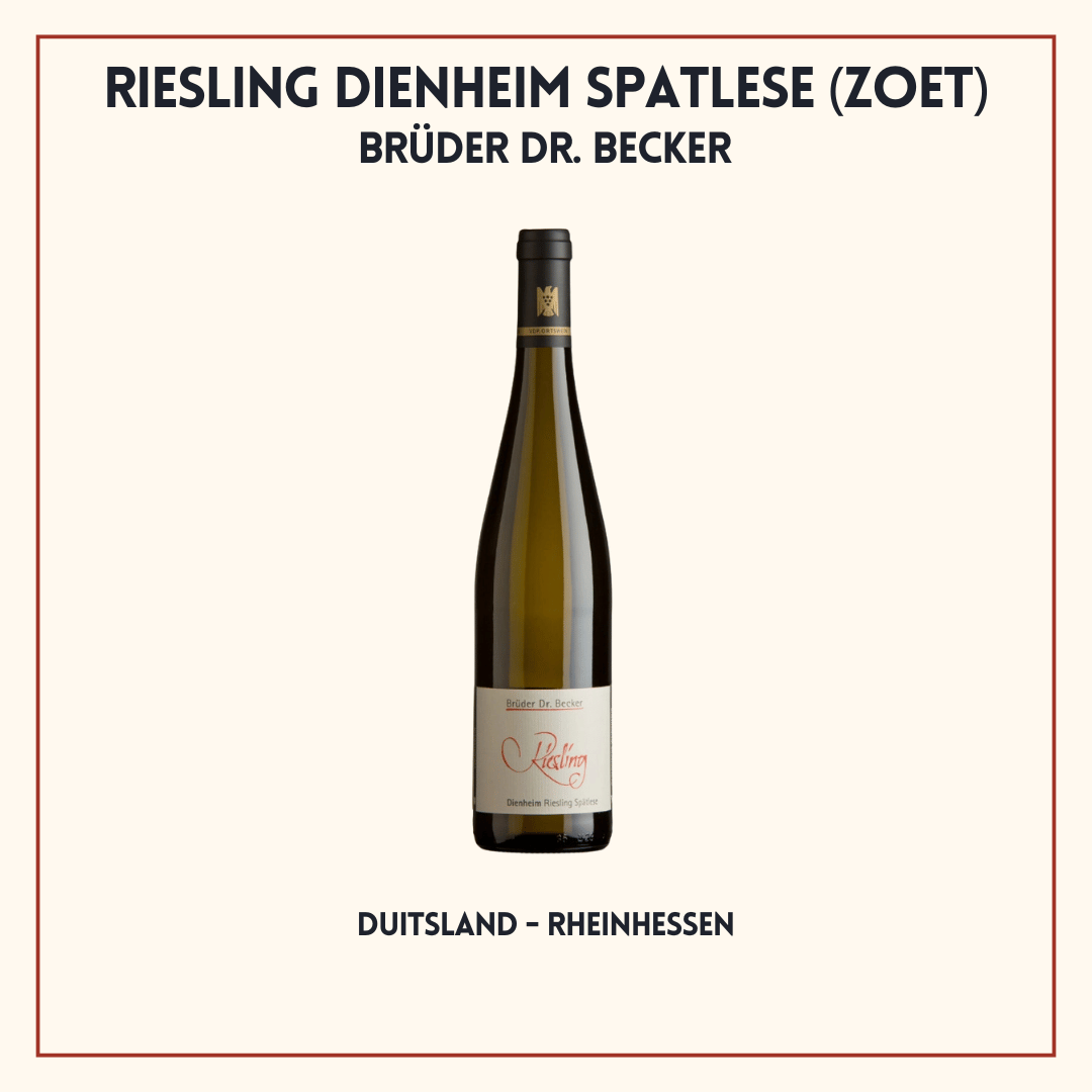 Fles Dienheim Riesling Spätlese van Weingut Brüder Dr. Becker, fruitig-zoete Riesling uit Rheinhessen, Duitsland