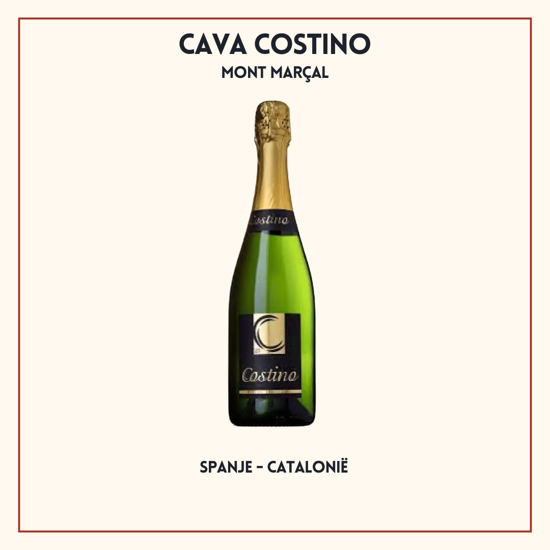 Fles Cava Costino Brut van Mont Marçal, Spaanse cava van Macabeo, Xarel·lo en Parellada uit de Penedès, Catalonië